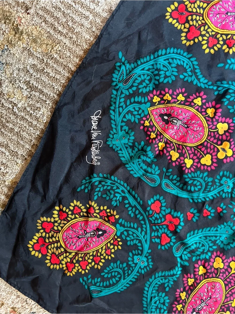 Diane Von Furstenberg Navy Scarf with Pink and Teal Floral Medallions